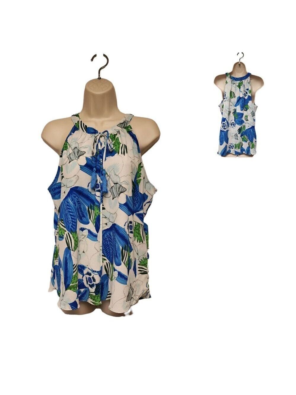 C & E Multicolor Blue Halter Neck Tie Tunic Blouse Top Size Large